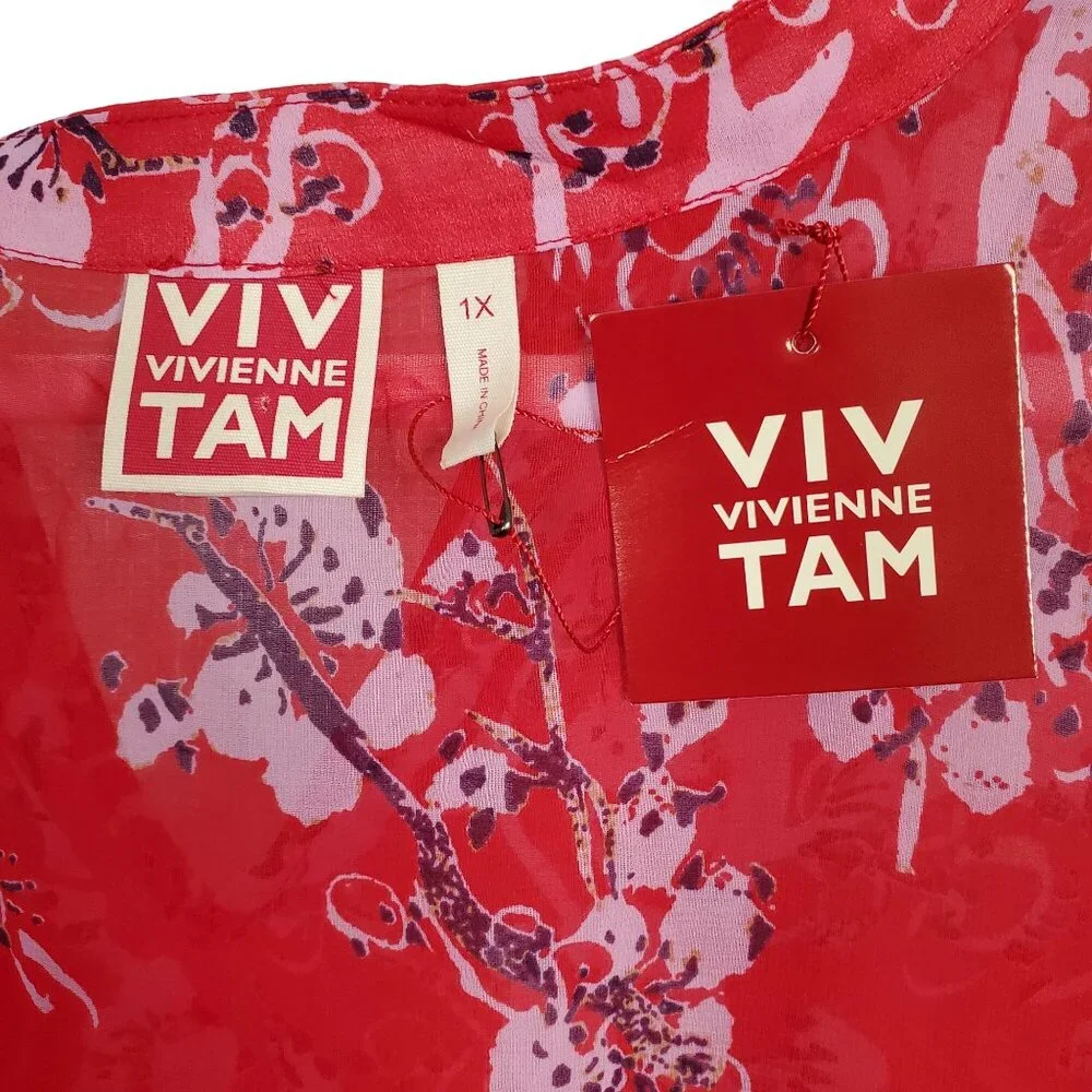 Vivienne Tam NWT Size 1X Blouse Semi Sheer Popover Cover-up Flutter Floral Red - Picture 4 of 12